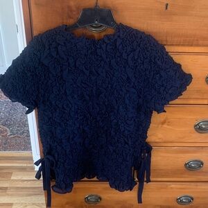 Zara Dark Blue Textured Short Sleeve Top